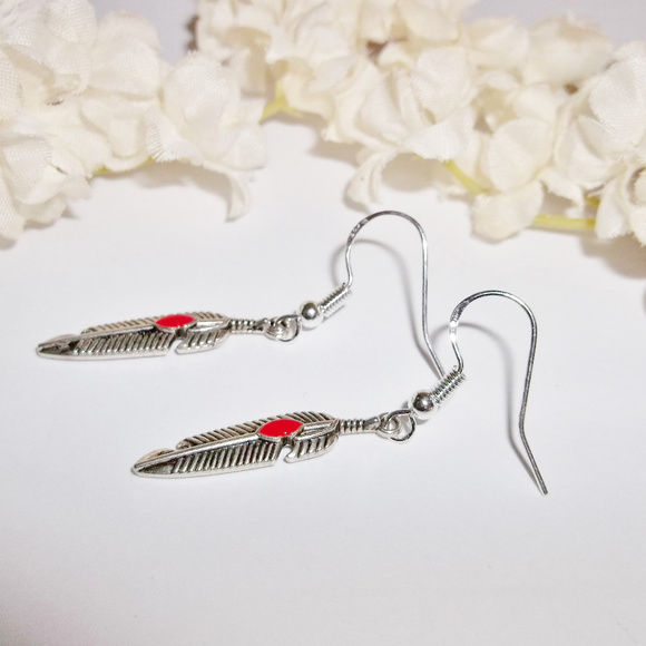 Silver & Red Earrings Southwestern Feather 4308 - Picture 4 of 6